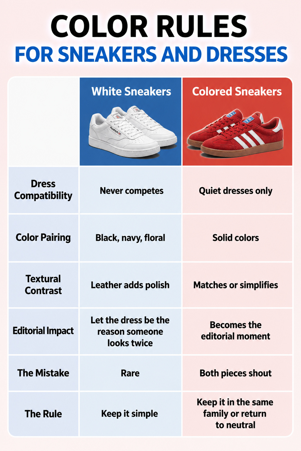 Various colored sneakers and dresses illustrating color pairing rules.