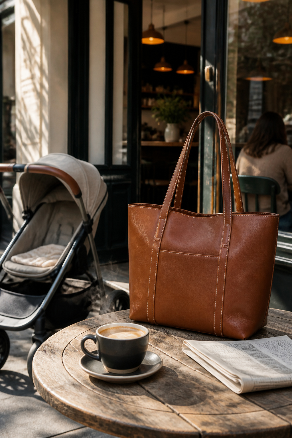 The Best Stylish Diaper Bags: 15 Fashion-Forward Finds 3 Tobacco brown leather shopper bag on a rustic café table.
