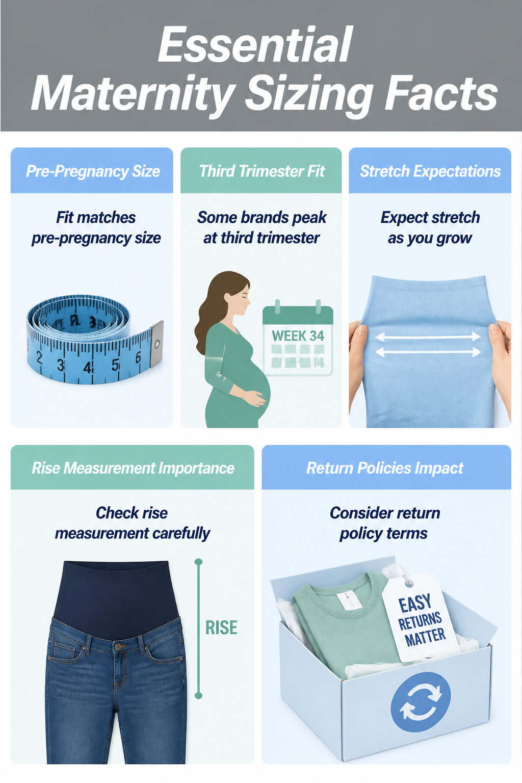 Information about maternity sizing and fit displayed.