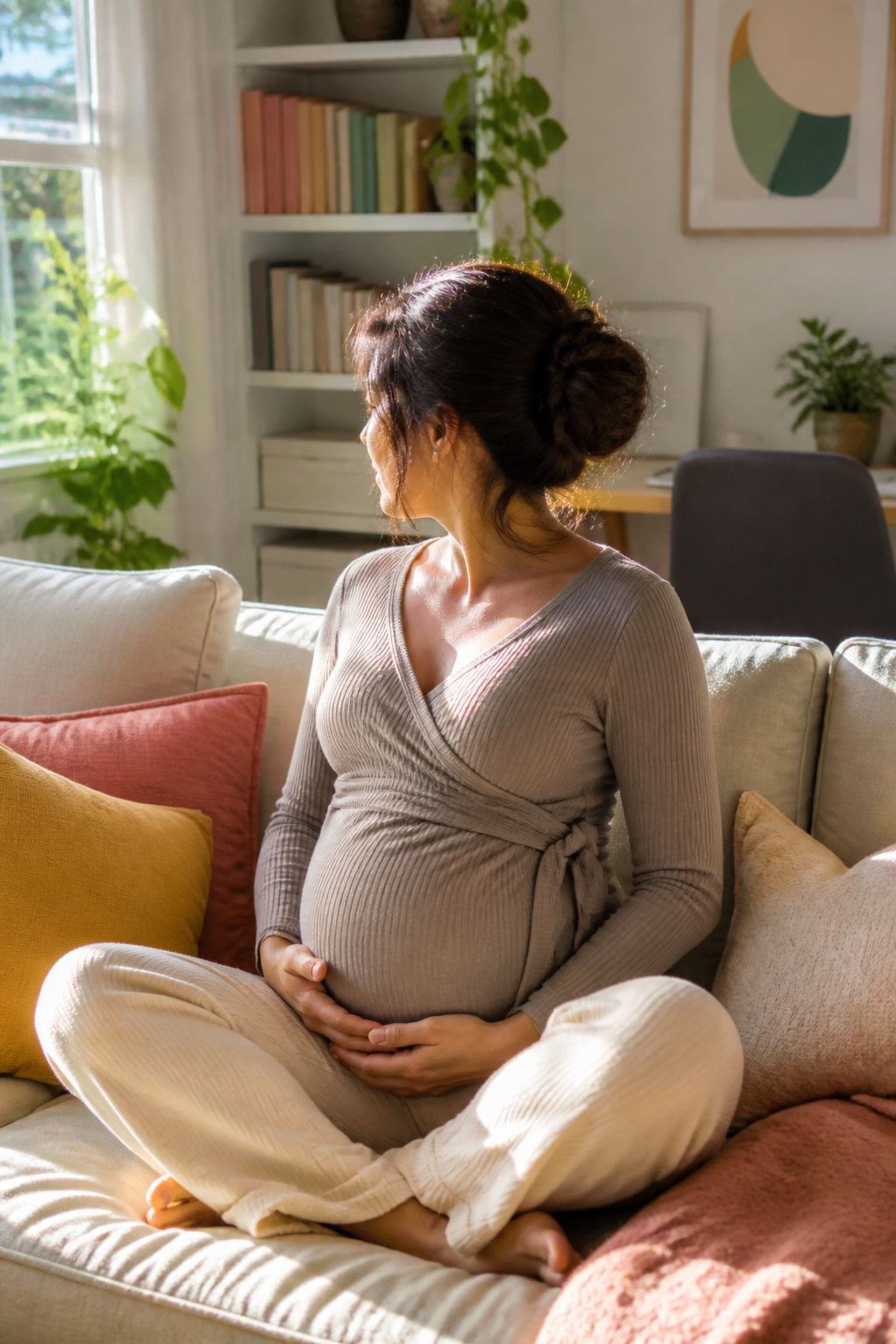 Pregnant woman wearing a wrap top in a cozy home office.