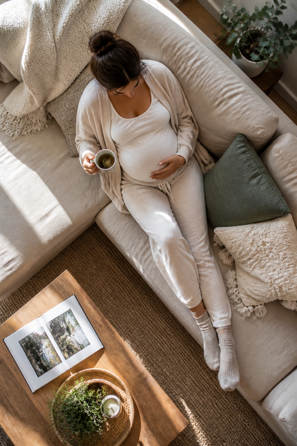 Soft loungewear displayed on a bed.