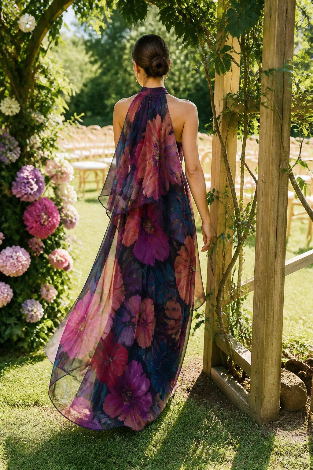 Wedding Guest Dresses: 7 Styles for Every Invitation 2 Floral print silk chiffon dress displayed in a garden setting.