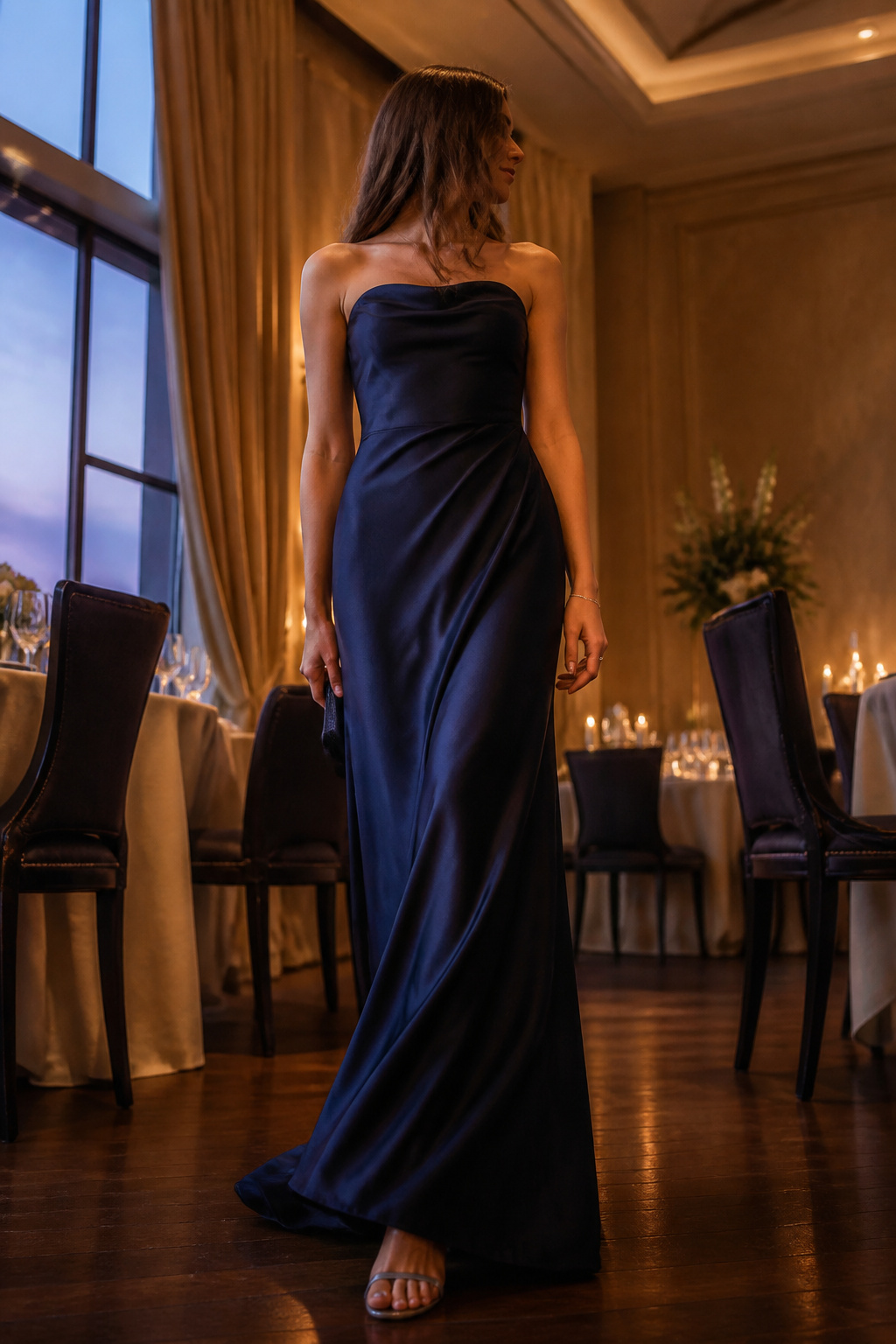 Wedding Guest Dresses: 7 Styles for Every Invitation 3 Floor-length silk dress displayed in an elegant setting.