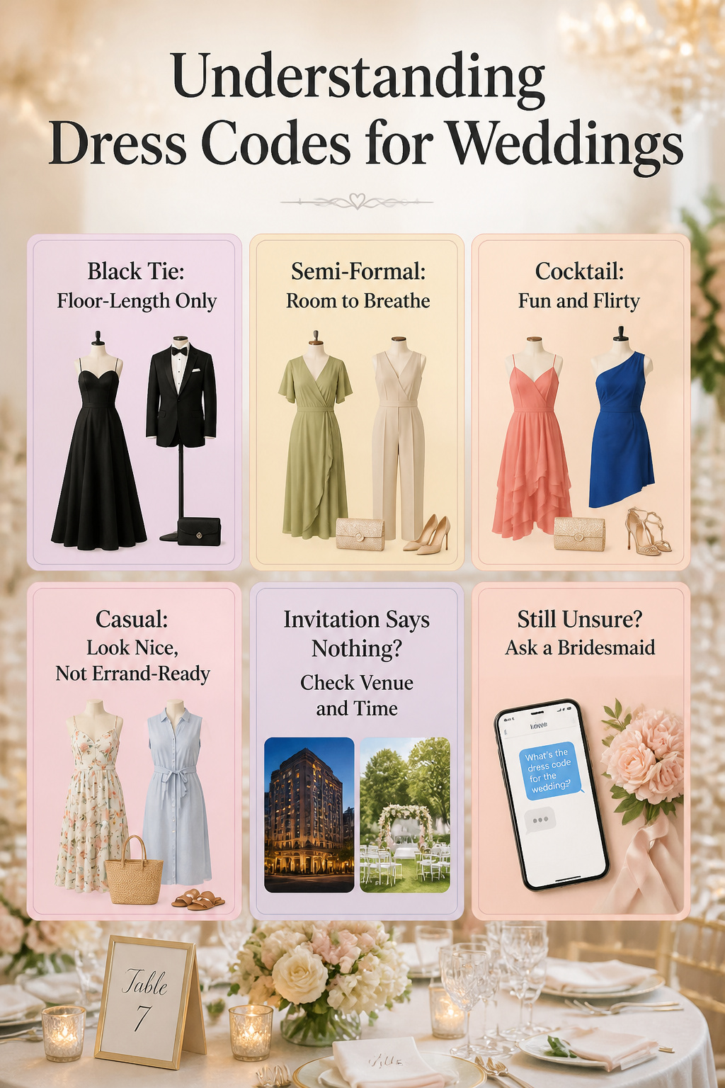 Wedding Guest Dresses: 7 Styles for Every Invitation 8 Information graphic explaining wedding dress codes.