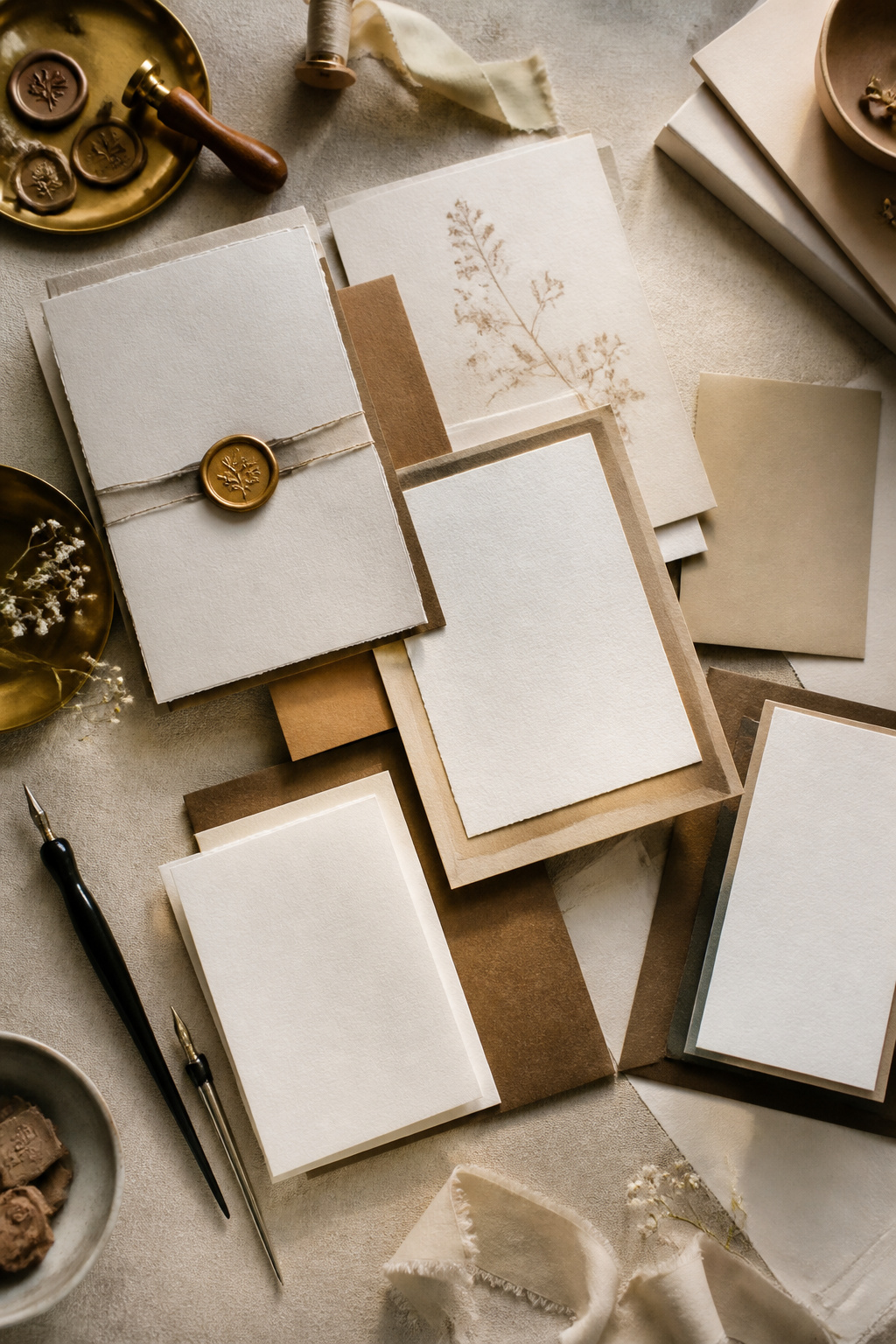 A collection of wedding stationery items displayed together.
