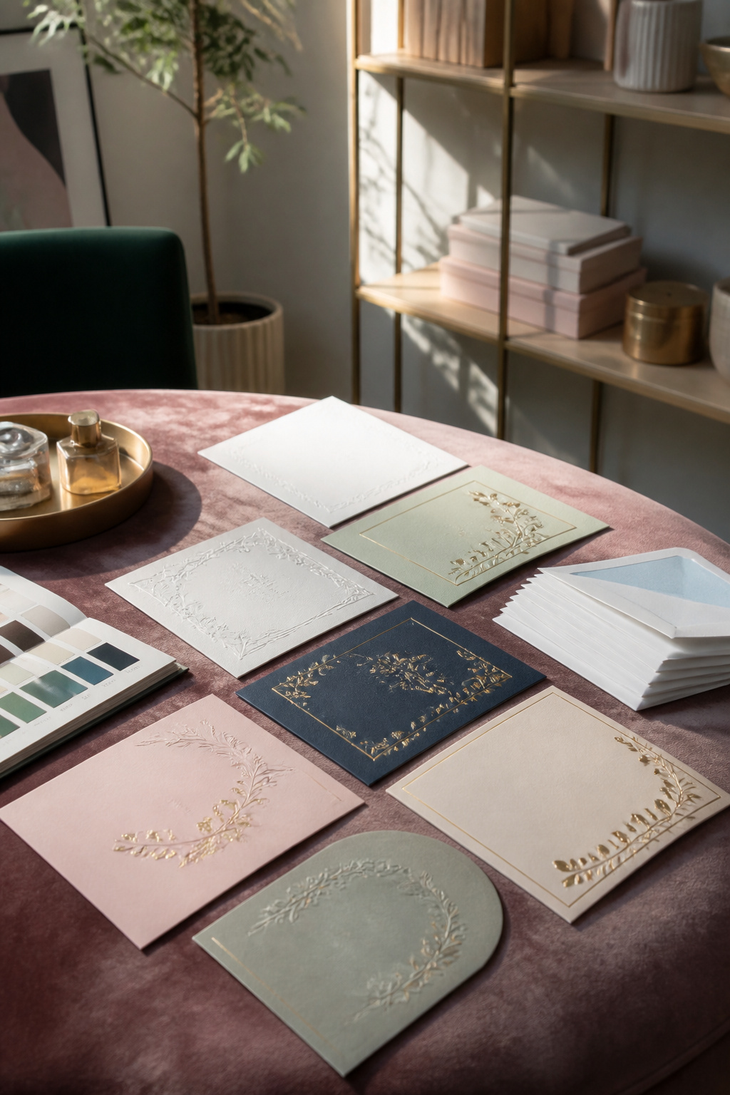 Elegant wedding invitations with raised foil accents on a velvet surface.