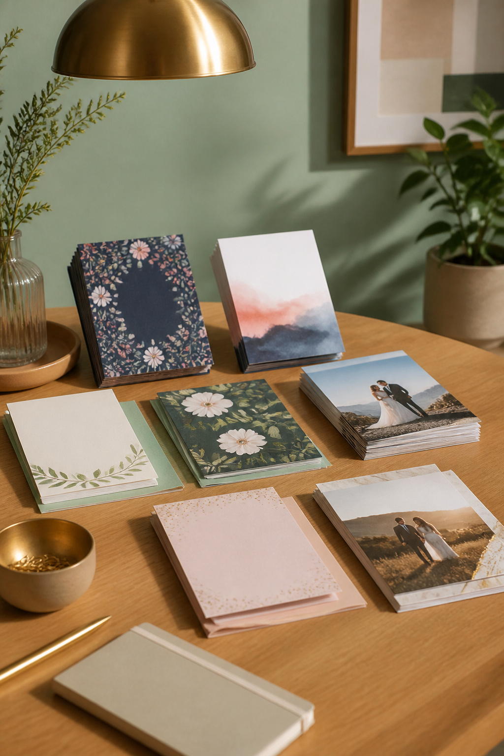 Customizable wedding invitations displayed on a tabletop with creative designs.