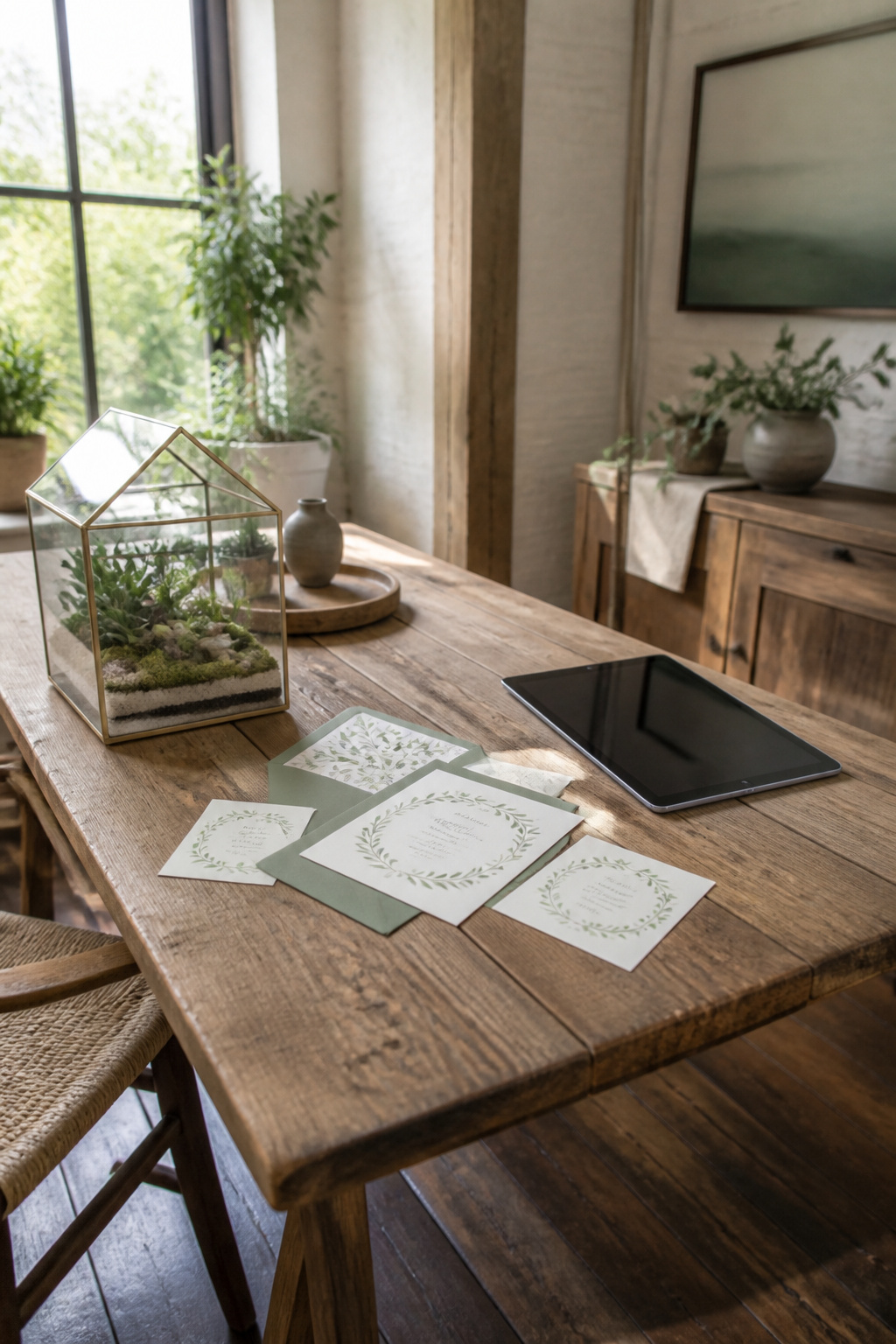 Wedding invitations with matching envelopes showcased in a bright workspace.