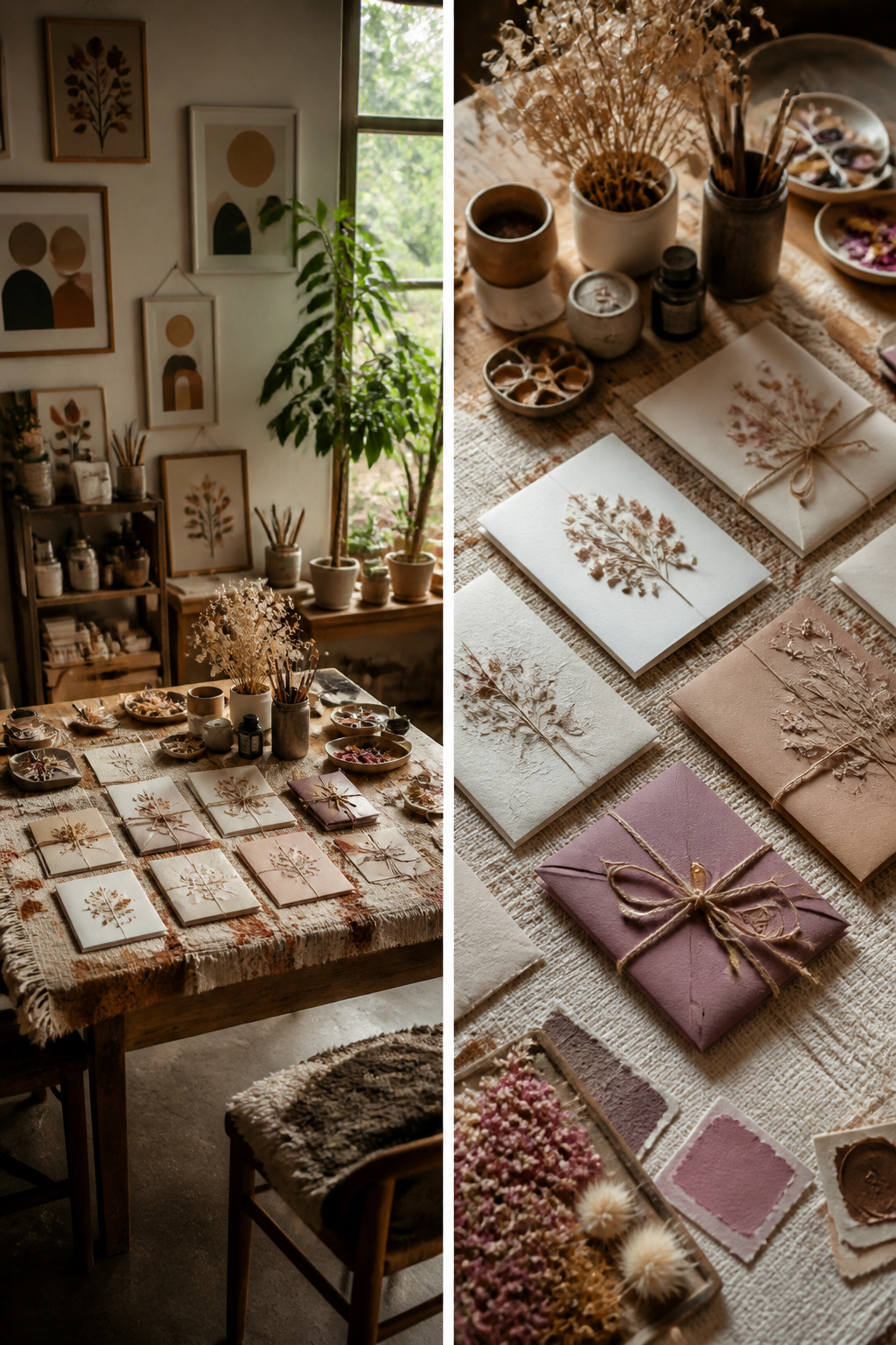Boho flower-embellished and acrylic invitations displayed together.