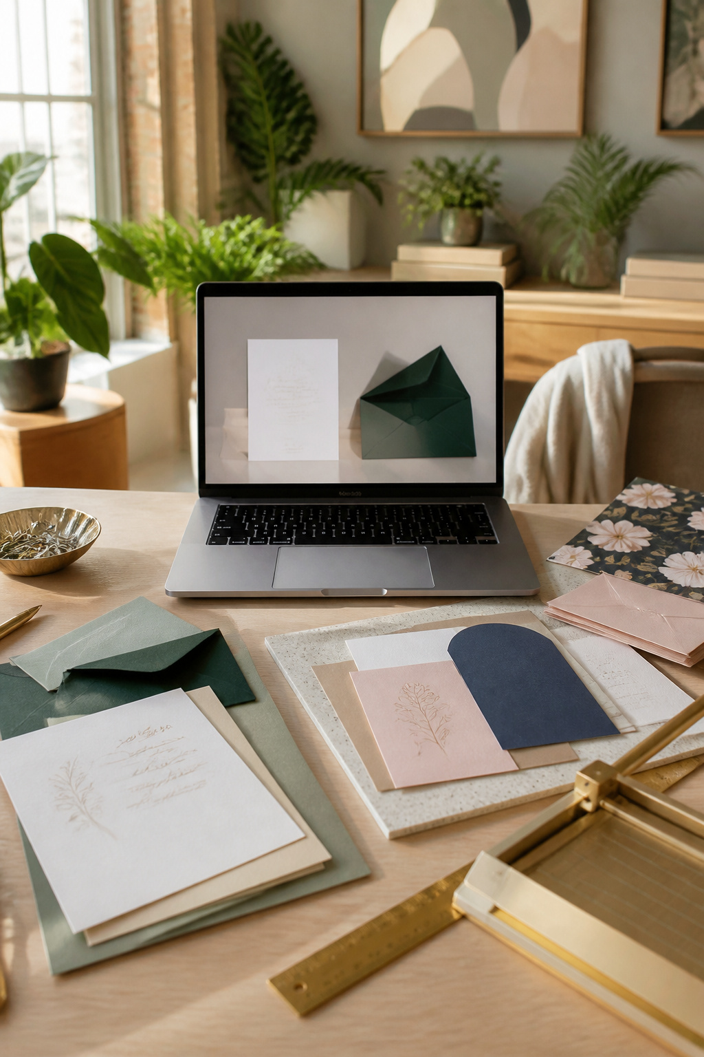 Stylishly designed wedding invitations with an open laptop showing a design upload feature.