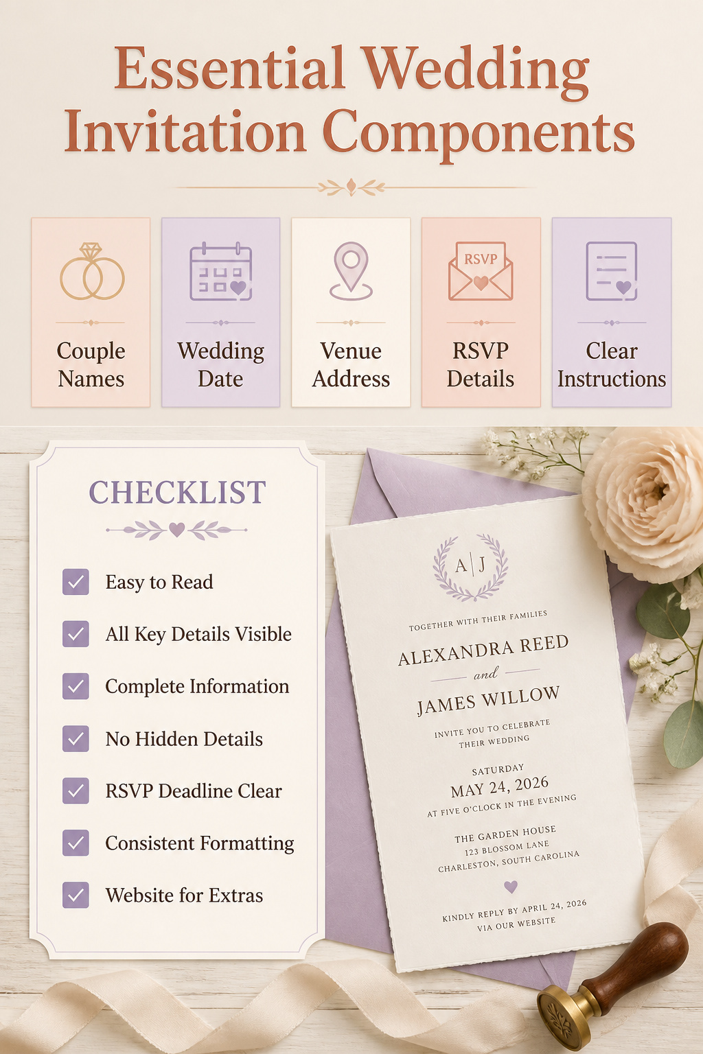 An infographic showing the essential components of a wedding invitation.