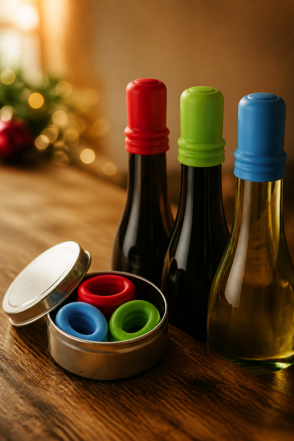 A box of reusable silicone Wine Condoms for sealing wine bottles.