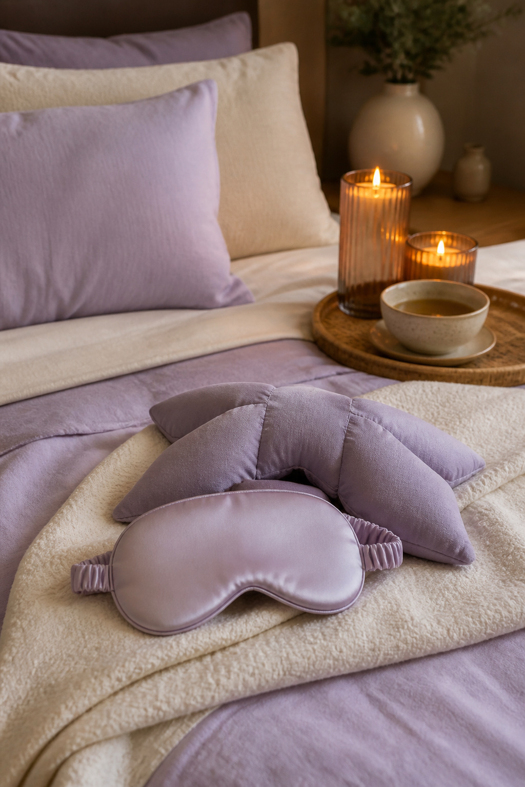 A sleep mask and NodPod placed on a made bed with soft linens.