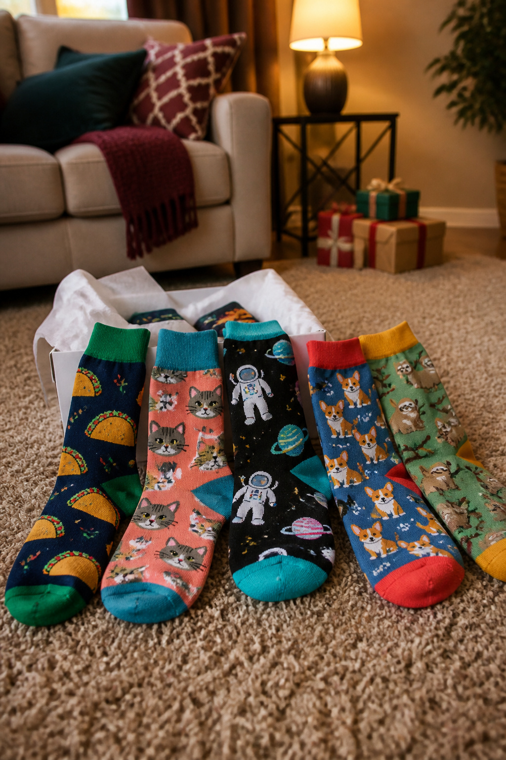 An assortment of novelty socks with quirky designs spilling from a box.