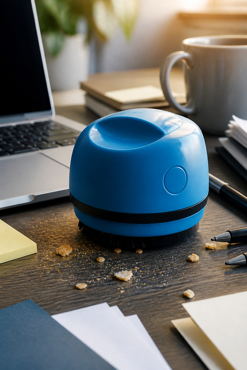 A small, palm-sized desktop vacuum cleaner surrounded by crumbs.