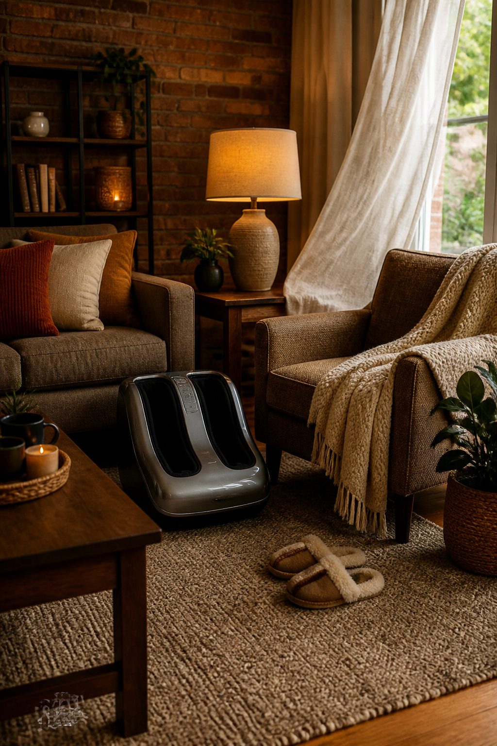 A shiatsu foot massager placed on the floor, ready for use.