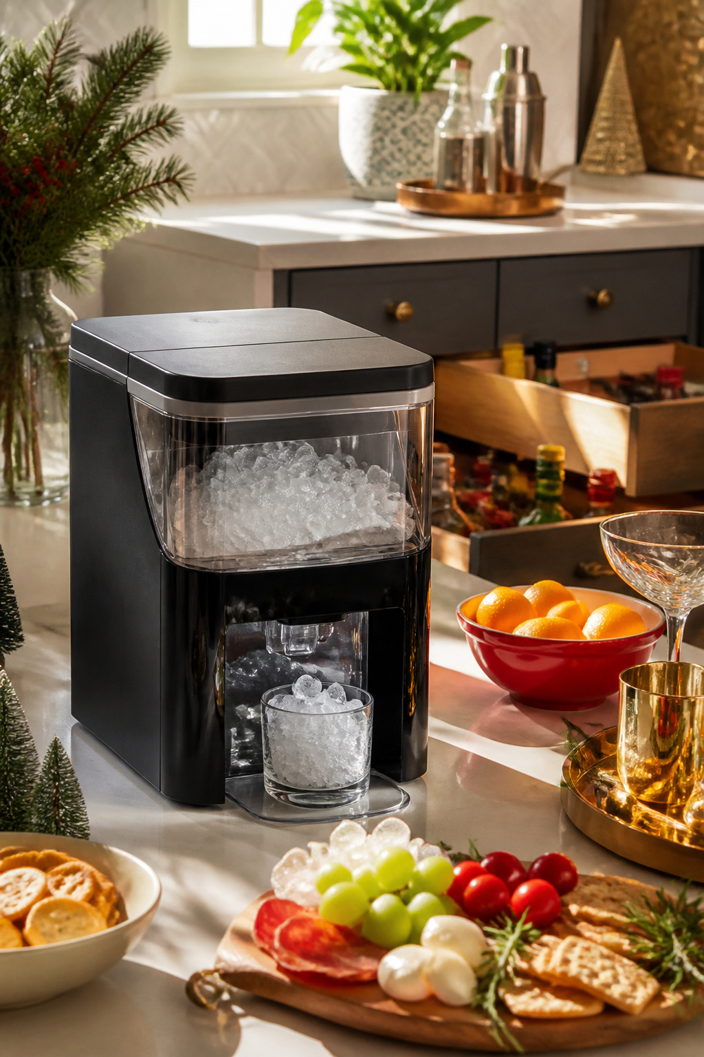 A countertop nugget ice maker surrounded by party snacks.