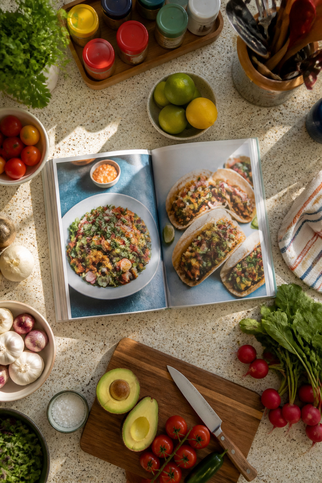 A colorful cookbook opened to a page with enticing recipes.