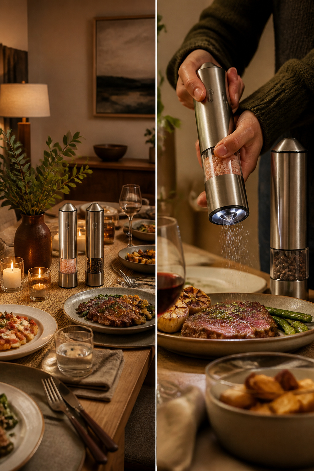 A set of battery-powered salt and pepper grinders on a dining table.