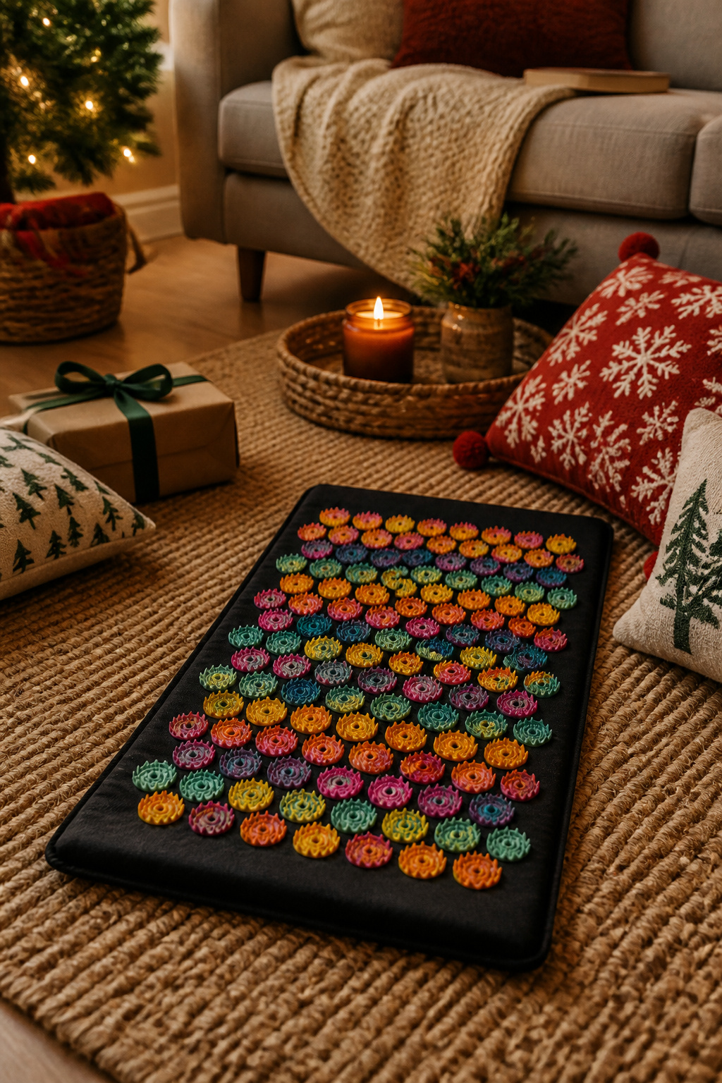 An acupressure mat with colorful spikes laid out on a floor.