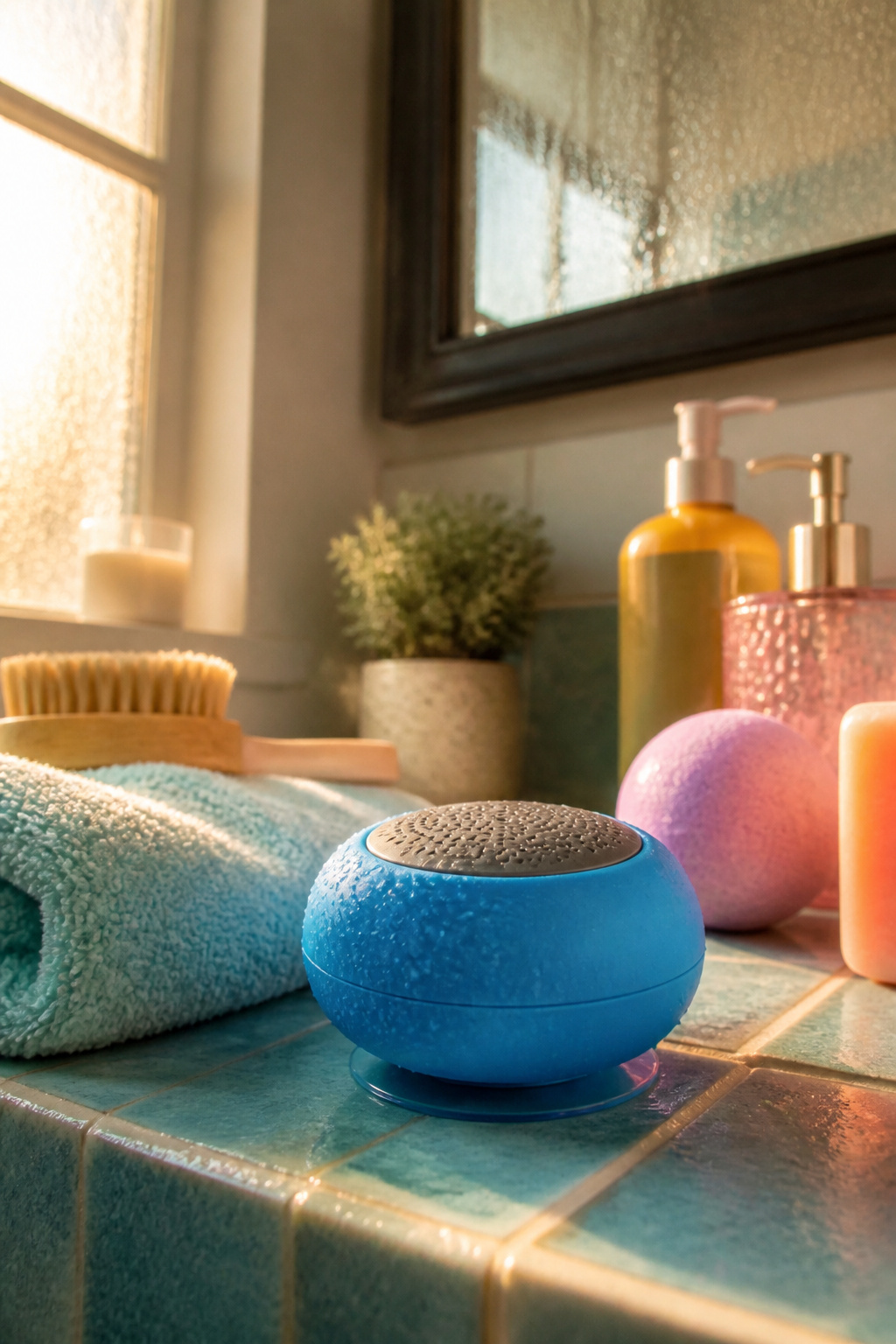 A waterproof mini shower speaker attached to a bathroom tile.
