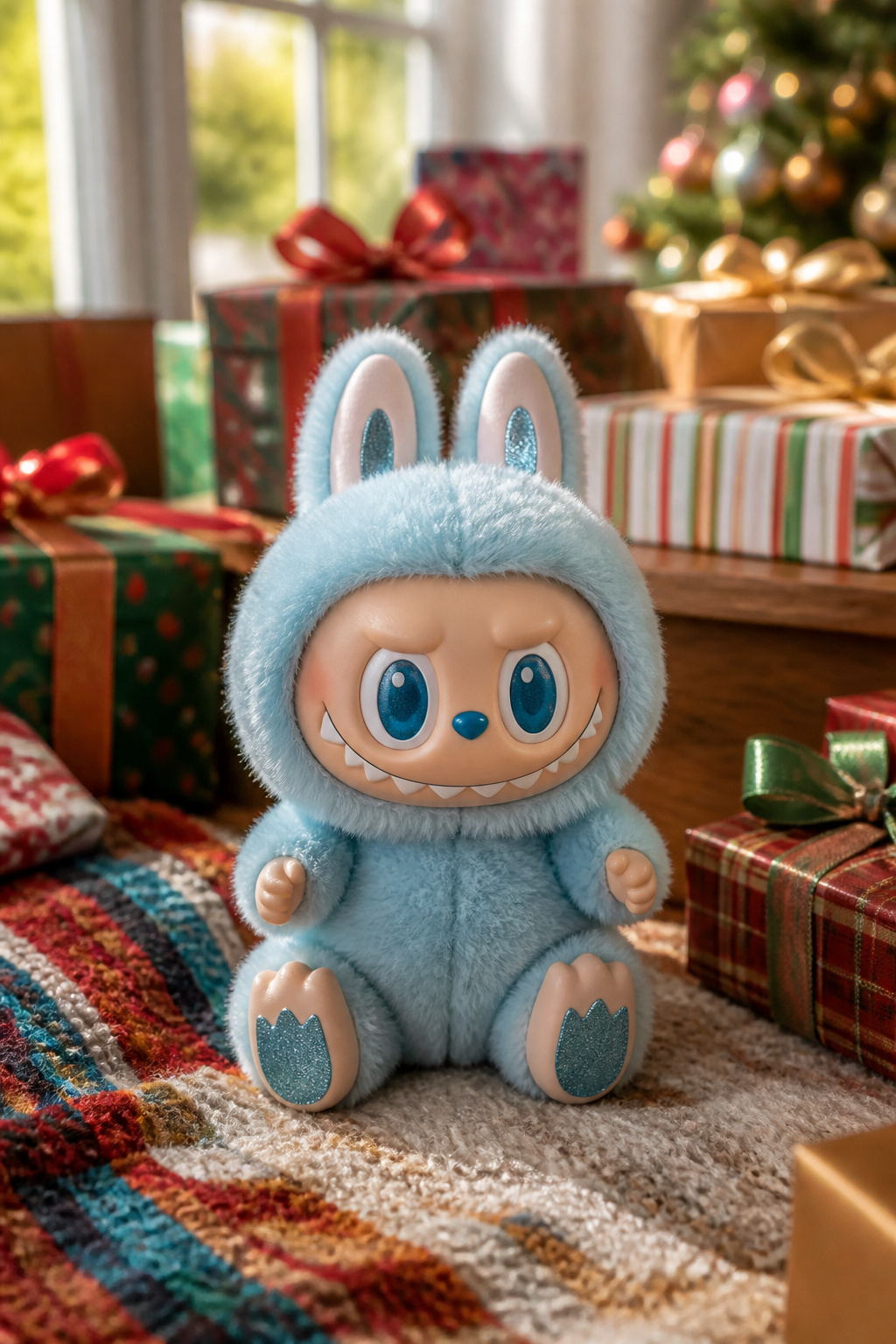 A fuzzy Labubu plush toy, popular among gift exchanges.