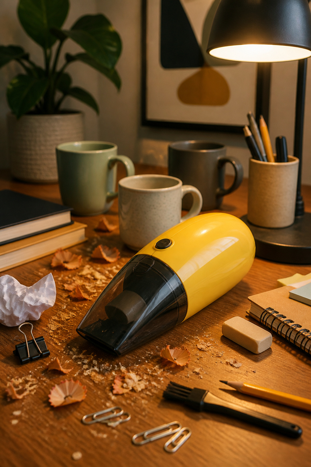 A compact portable mini vacuum cleaner sitting on a cluttered desk.