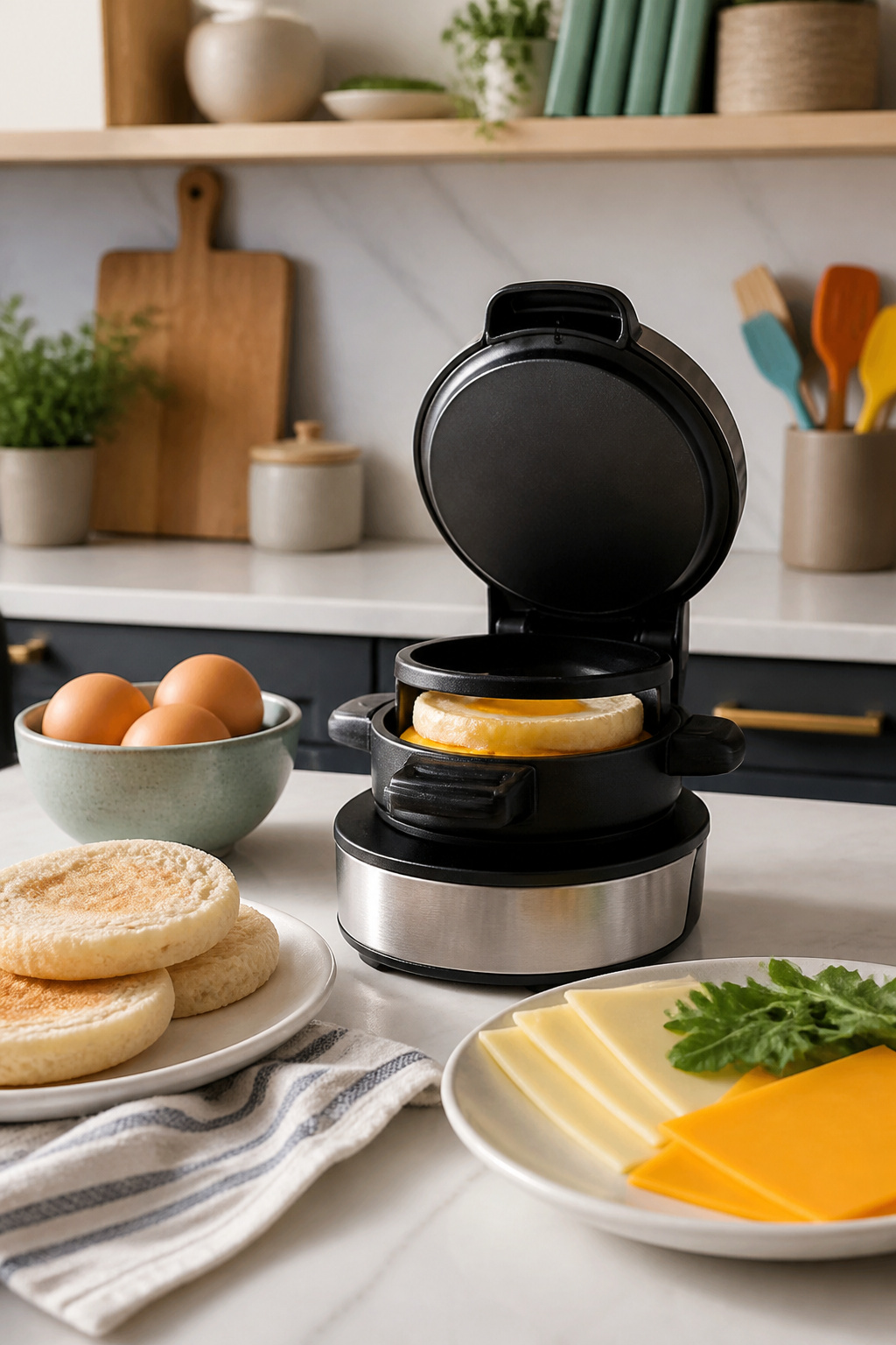 A breakfast sandwich maker on a kitchen countertop with ingredients.