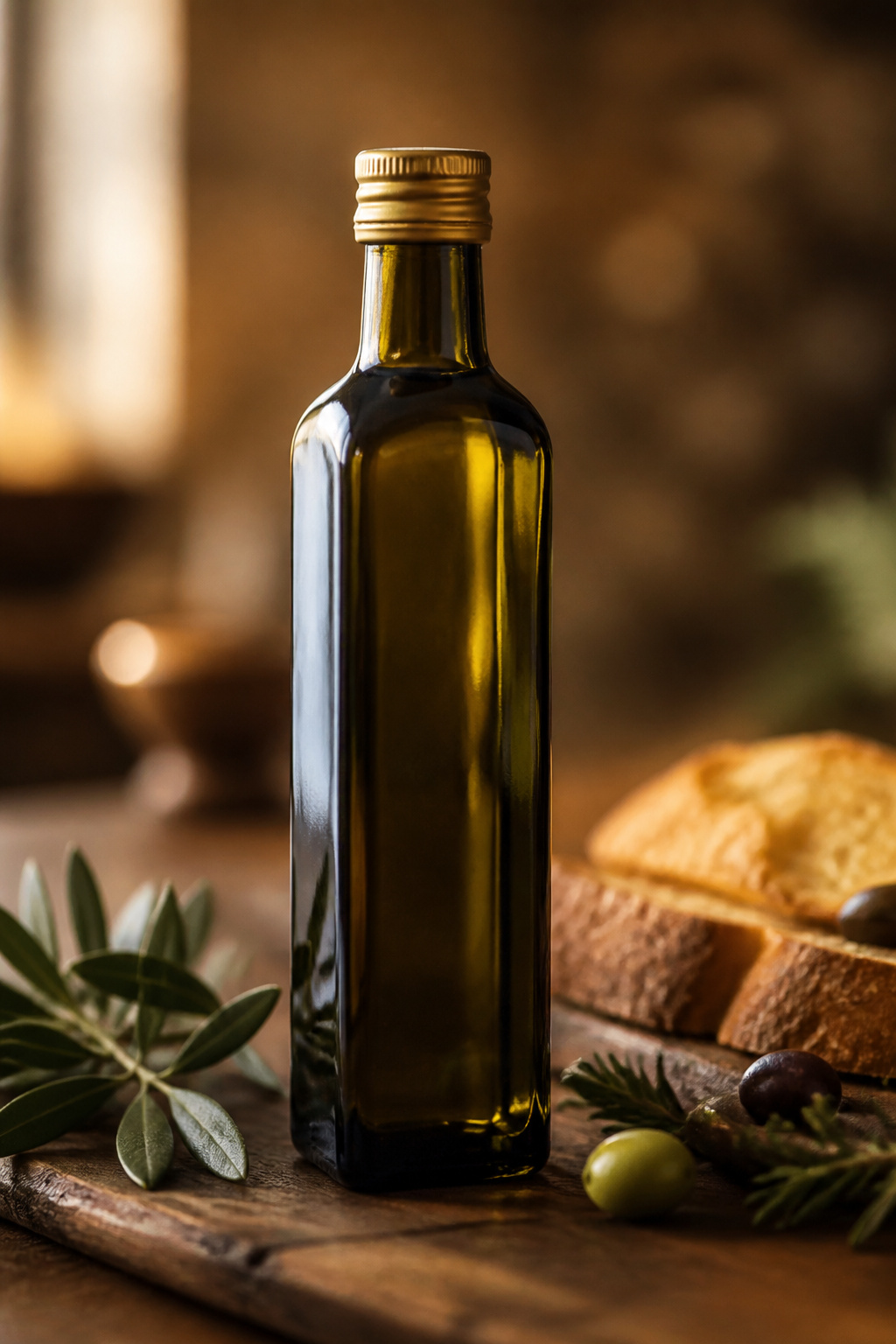 A bottle of extra-virgin olive oil with a harvest date label.