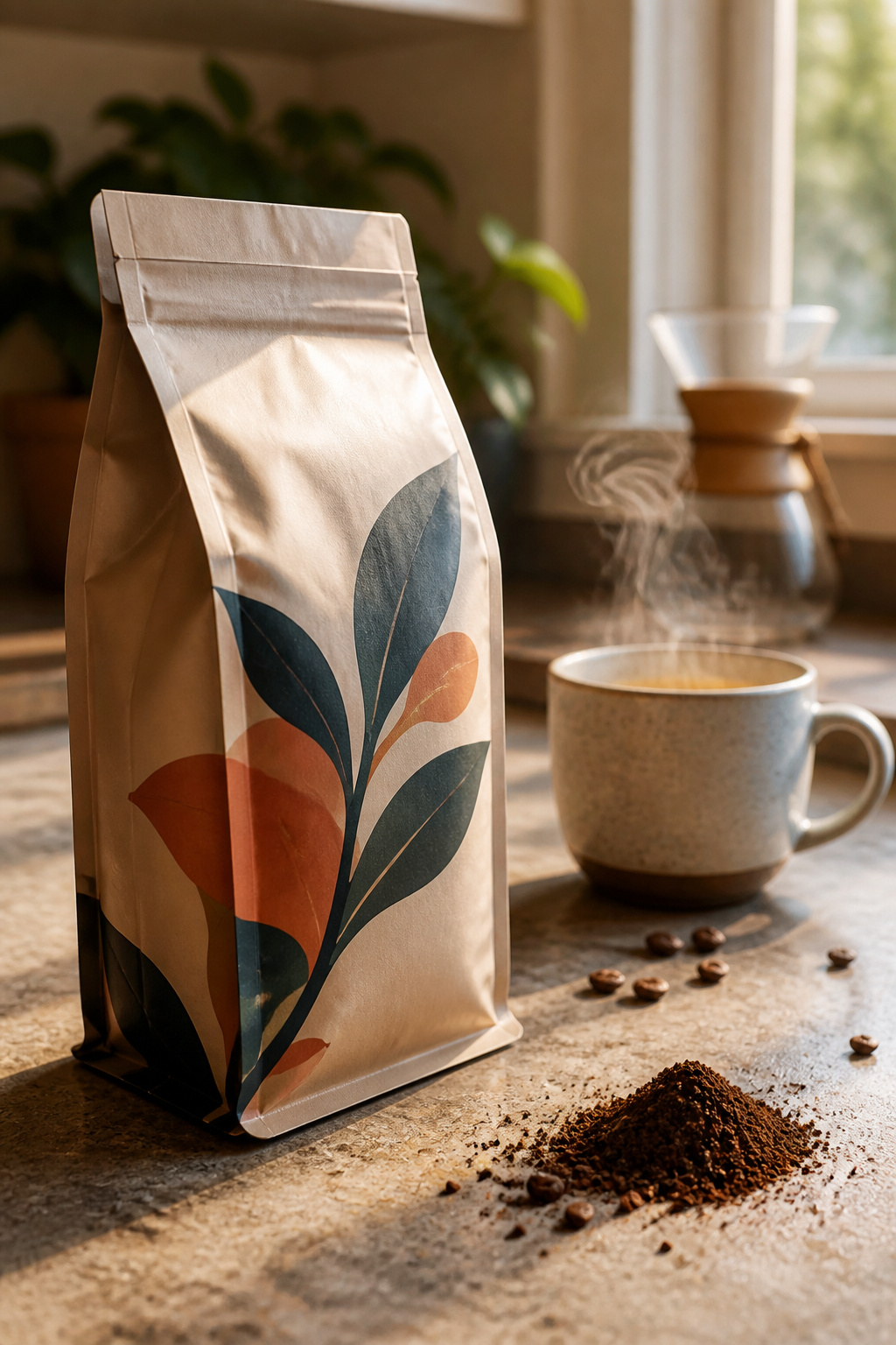 A sealed bag of freshly roasted coffee beans on a kitchen counter.