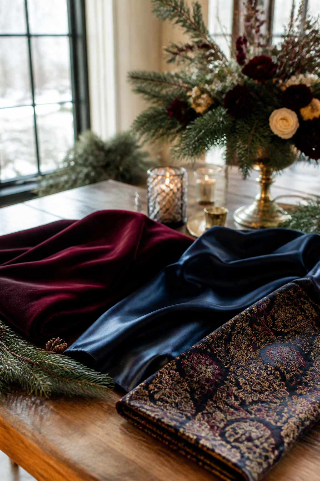 7 Winter Wedding Guest Outfit Ideas for 2026: From Gowns to Jumpsuits 6 An array of rich winter fabric swatches including velvet and satin.