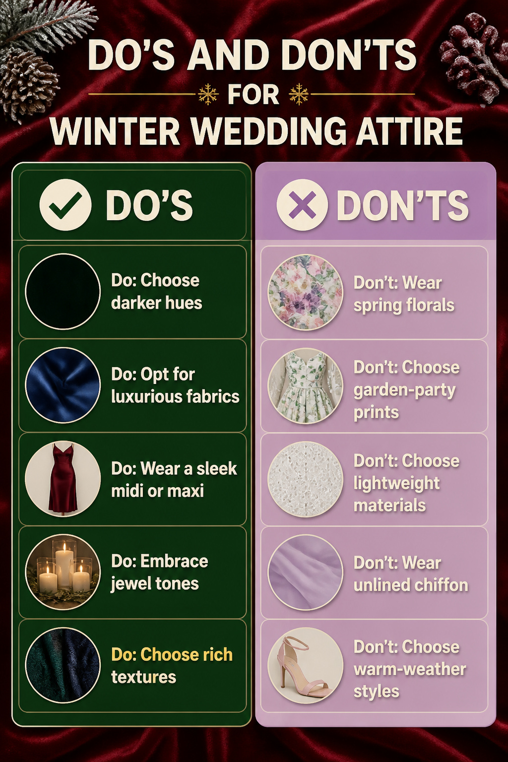 7 Winter Wedding Guest Outfit Ideas for 2026: From Gowns to Jumpsuits 9 An informative image listing do's and don'ts for winter wedding attire.