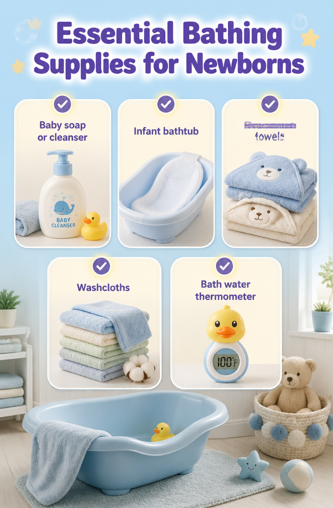 Baby soap and soft washcloths arranged on a bathroom counter.
