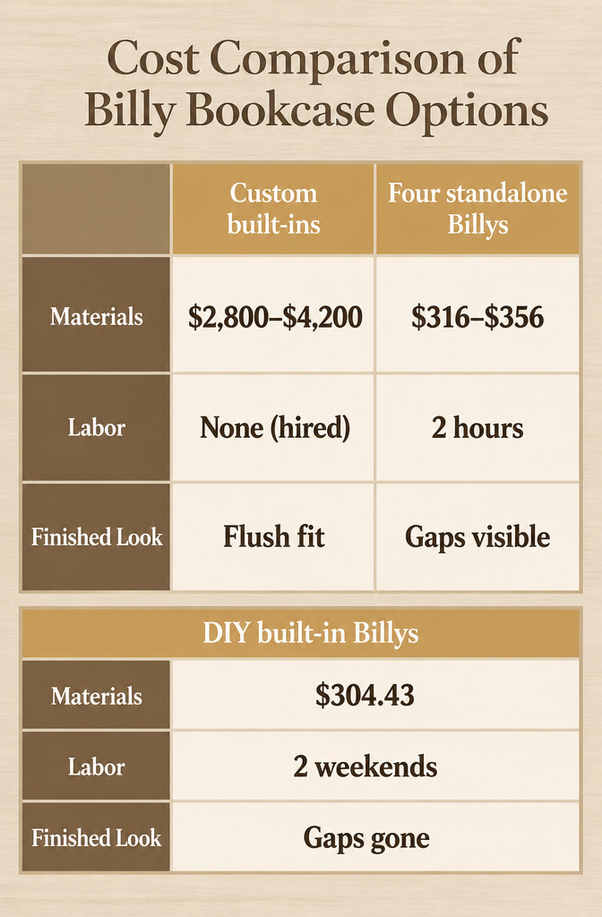 Billy Bookcase Playroom Storage: Fabric Liners, Built-Ins and Paint Finishes 5 Cost comparison chart for different Billy bookcase storage solutions.