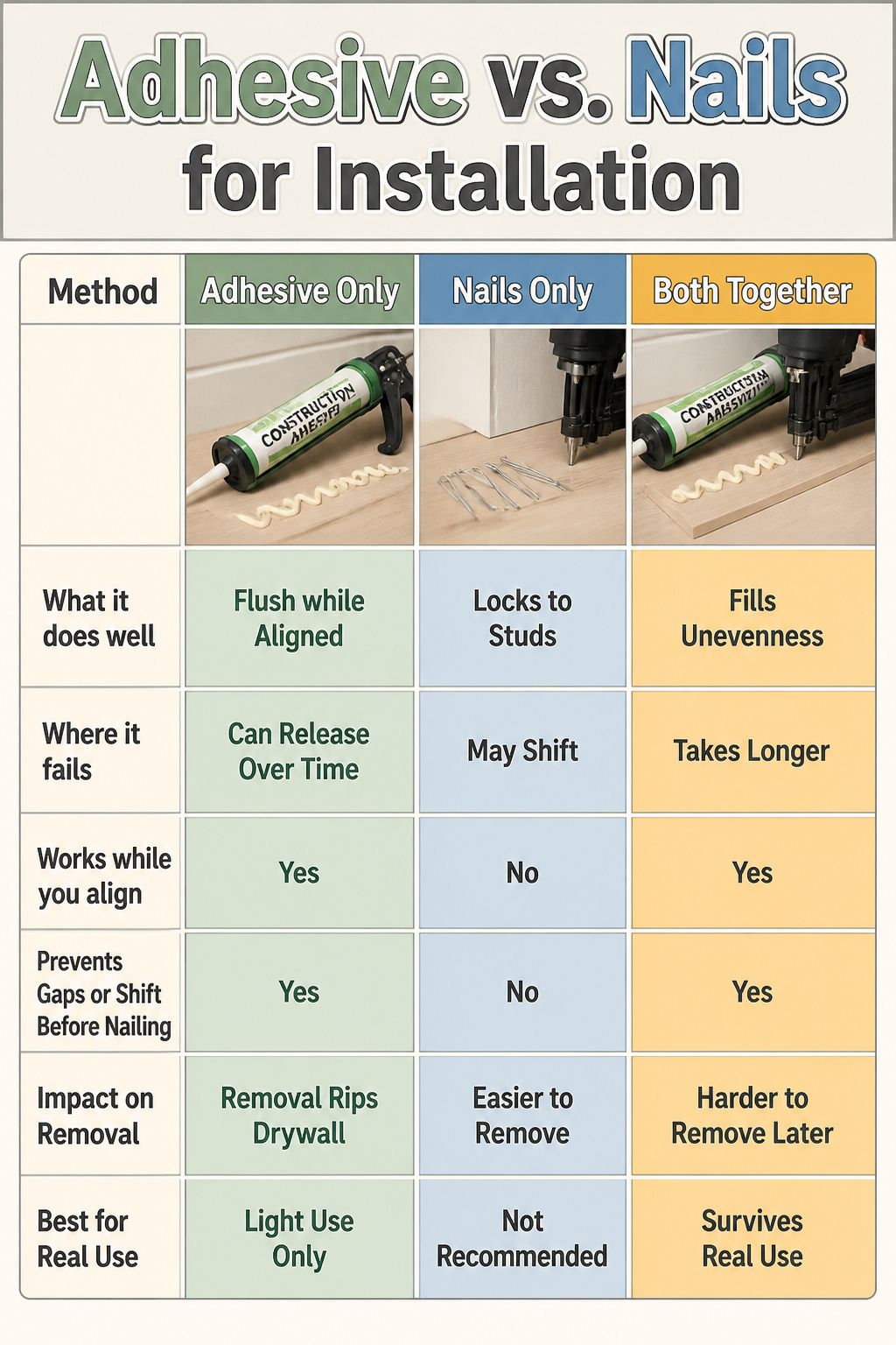 Board and Batten Entryway: 7 Steps to a Finished Wall 10 A comparison chart of adhesive and nails for board installation.