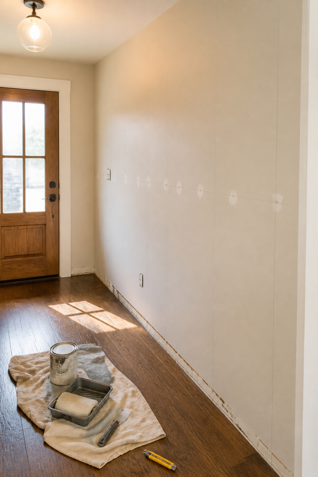 Board and Batten Entryway: 7 Steps to a Finished Wall 3 A freshly painted wall with layout lines and tools for installation.