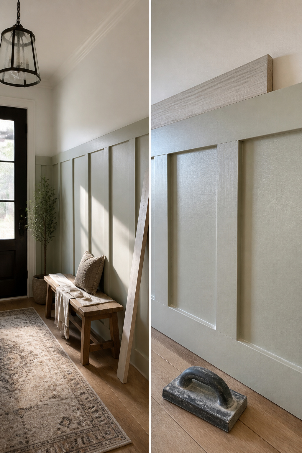 Board and Batten Entryway: 7 Steps to a Finished Wall 6 A close-up of caulk and spackle applied to seams in wood.