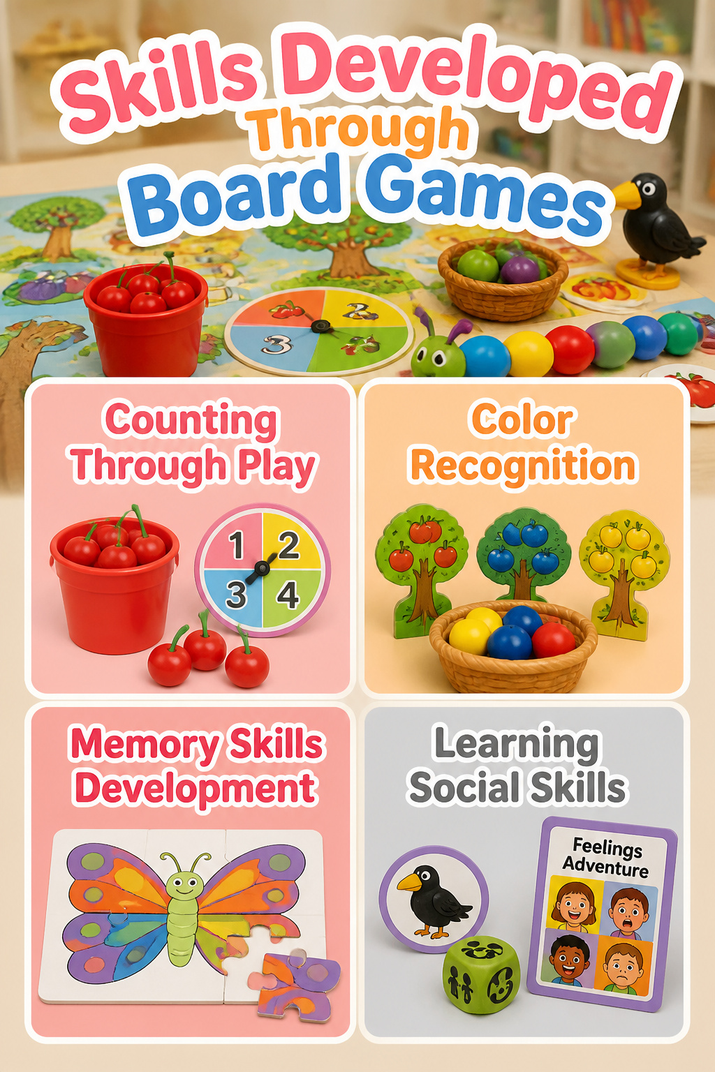Infographic about skills developed through board games for children.