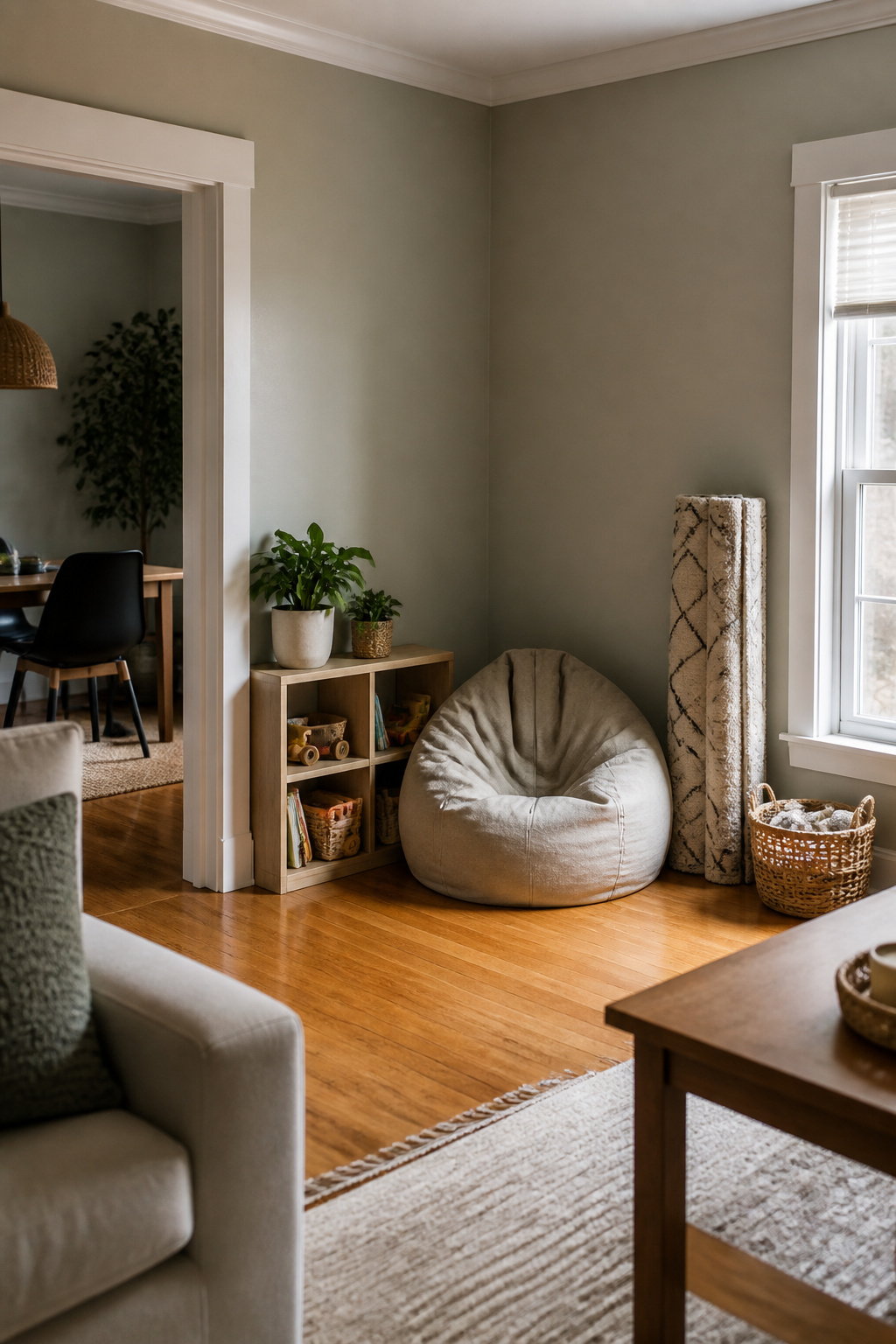 Calming Corner: A Home and Classroom Setup Guide in 6 Steps 1 A bean bag chair in a corner of a living room.
