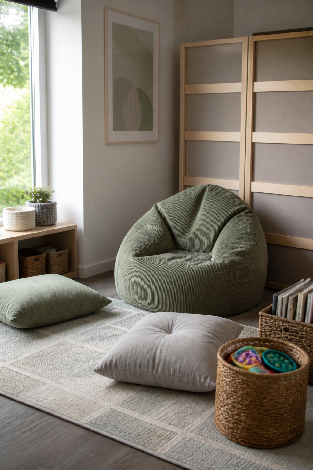 Calming Corner: A Home and Classroom Setup Guide in 6 Steps 2 Colorful bean bag chair and floor cushions on a plush rug.