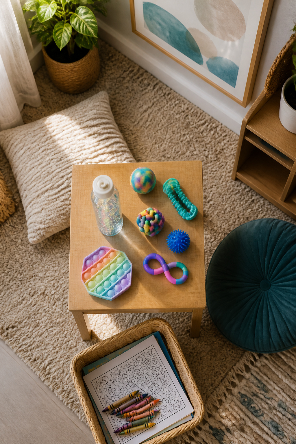 Calming Corner: A Home and Classroom Setup Guide in 6 Steps 4 Various calming tools including stress balls and a glitter jar.