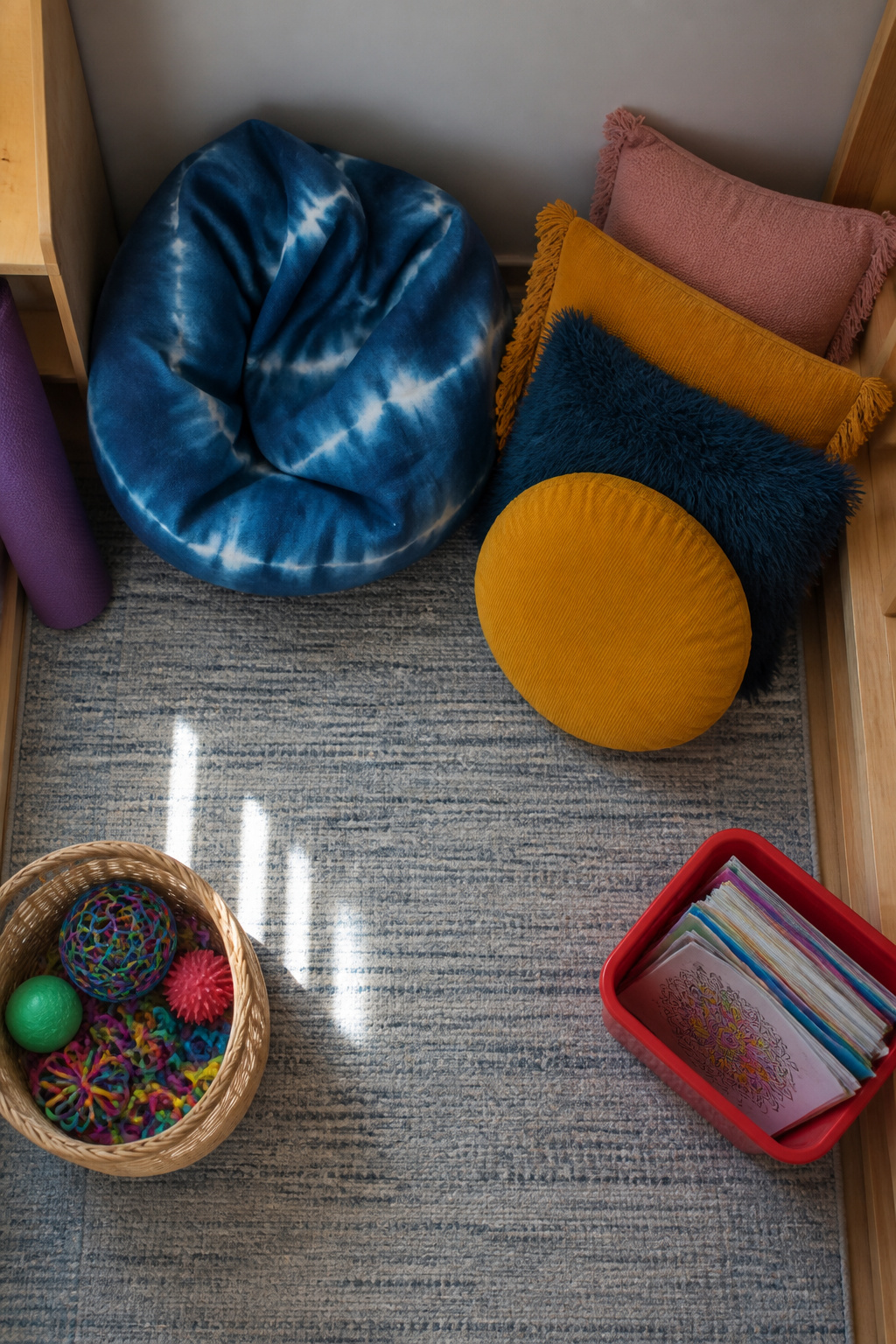 Calming Corner: A Home and Classroom Setup Guide in 6 Steps 8 Calming tools displayed in a corner, some used more than others.
