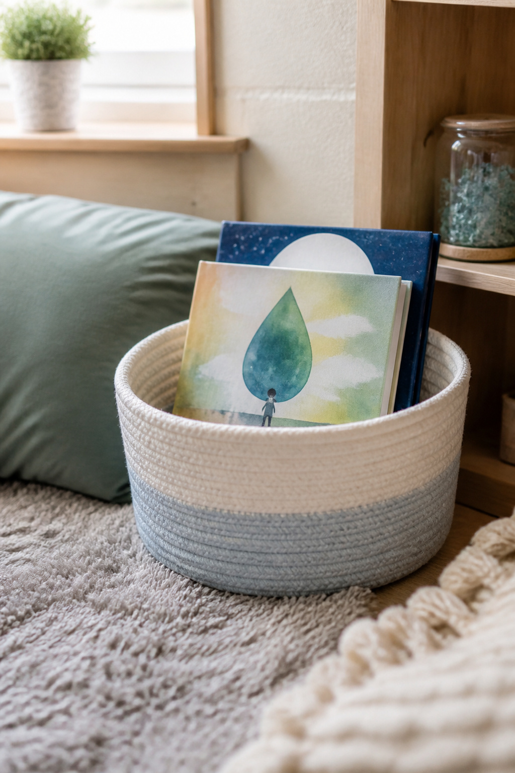 Calming Corner: A Home and Classroom Setup Guide in 6 Steps 9 Books about emotions placed in a calming corner.
