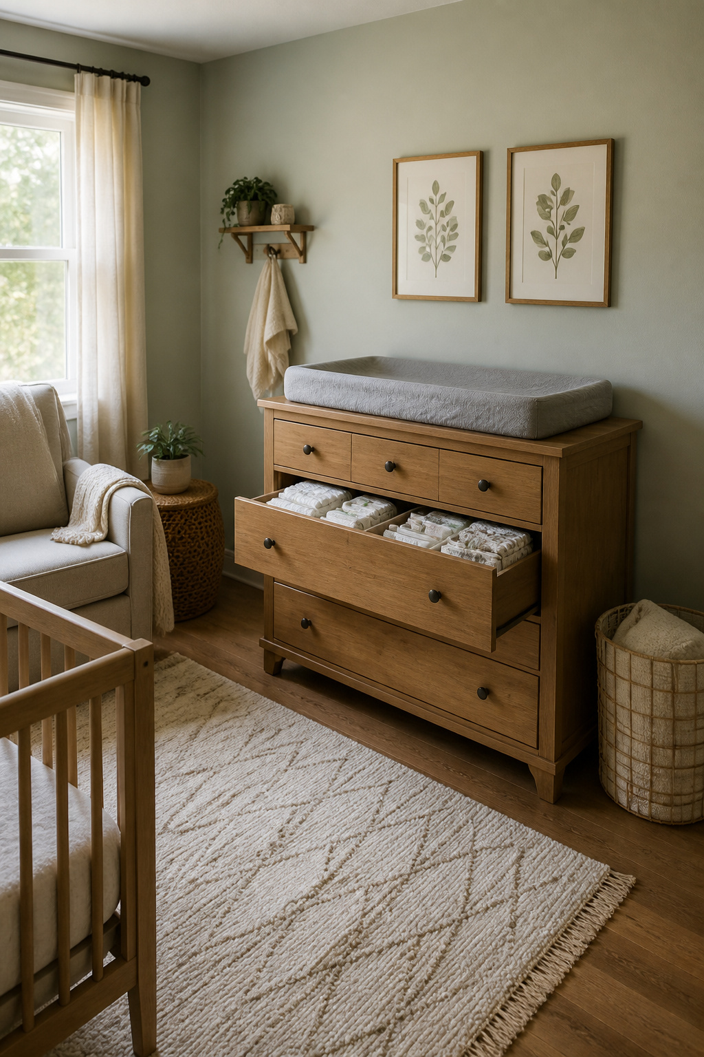 Changing Table Organizer Ideas for Any Nursery Space (2026) 1 A dresser with a changing pad on top and supplies stored nearby.