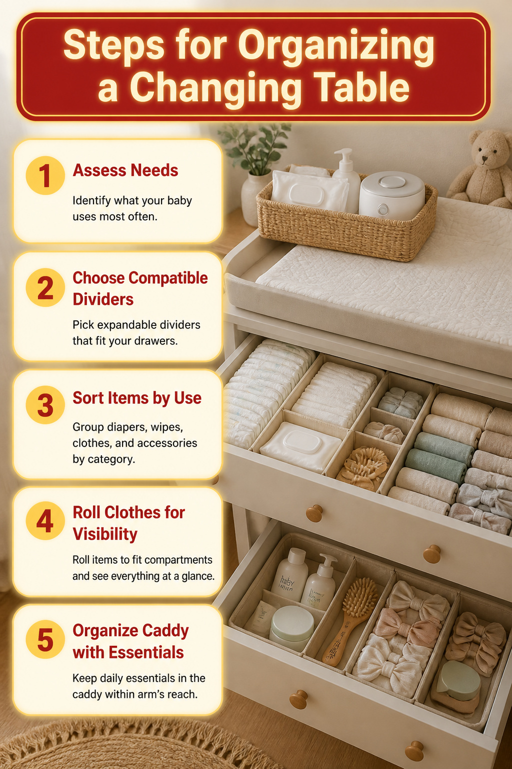 Changing Table Organizer Ideas for Any Nursery Space (2026) 11 Steps for organizing a changing table with expandable dividers.