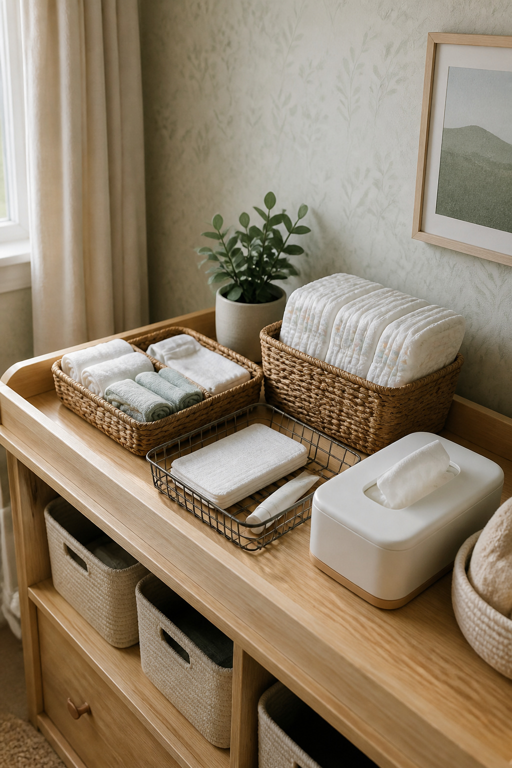 Changing Table Organizer Ideas for Any Nursery Space (2026) 2 Woven baskets filled with diapers and creams on a changing table.