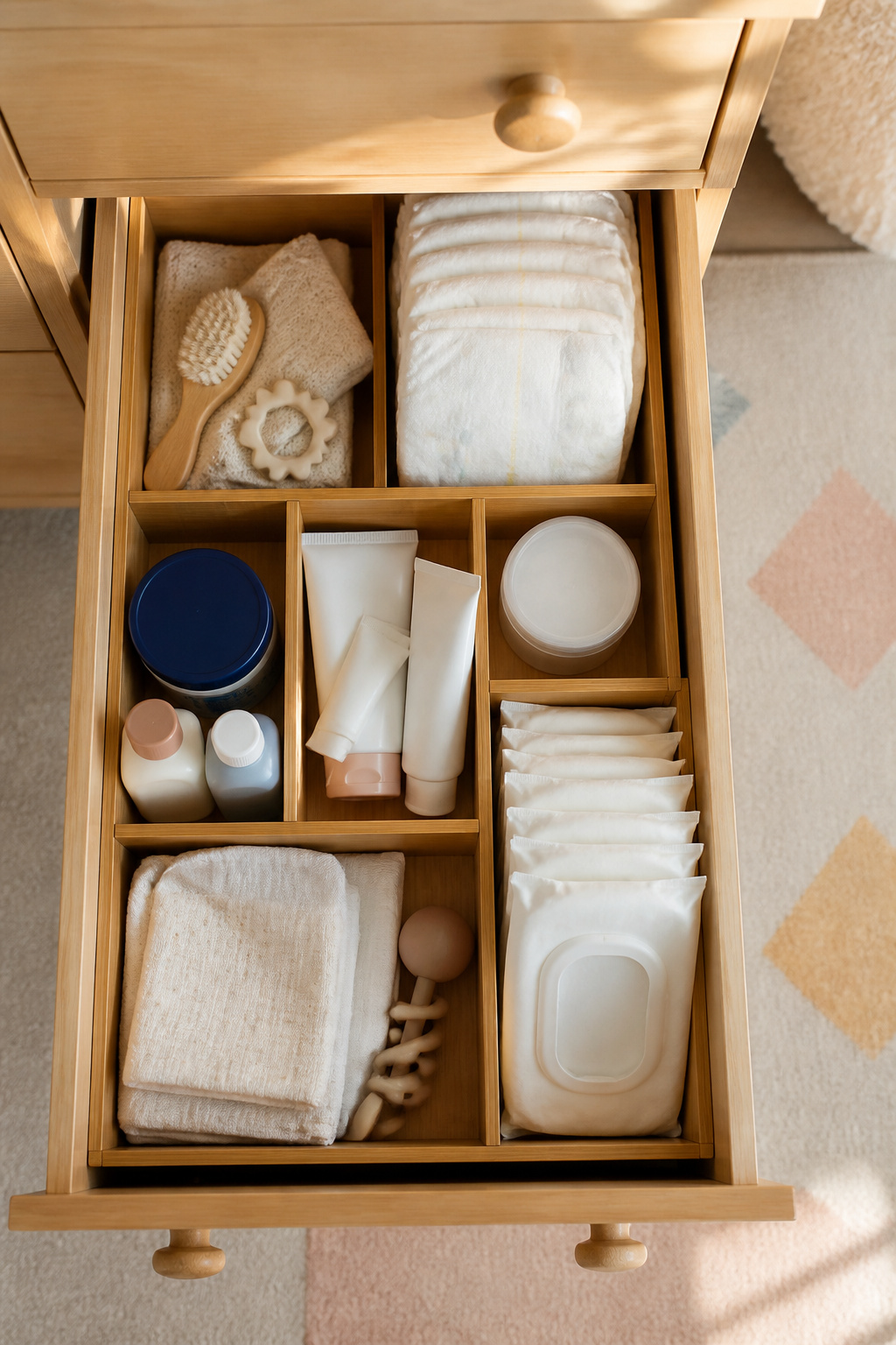 Changing Table Organizer Ideas for Any Nursery Space (2026) 3 A drawer with organized compartments for wipes and creams.