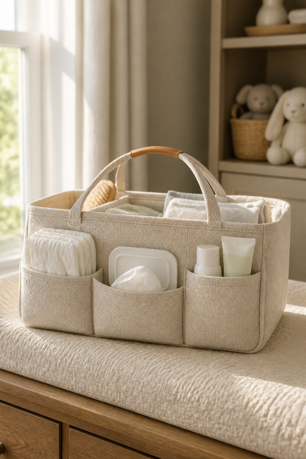 Changing Table Organizer Ideas for Any Nursery Space (2026) 4 A diaper caddy filled with diapers, wipes, and cream for travel.