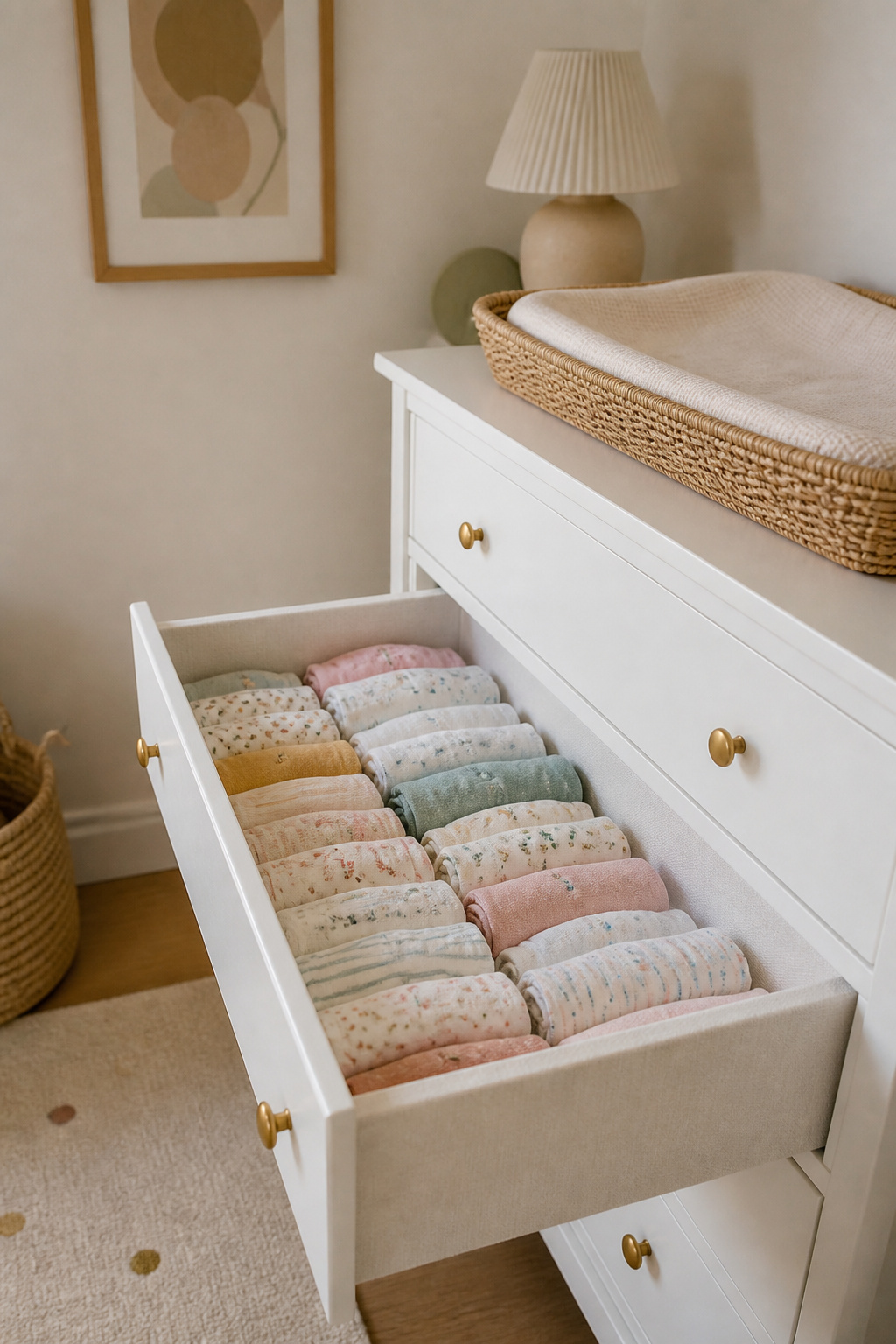 Changing Table Organizer Ideas for Any Nursery Space (2026) 5 A dresser drawer with neatly rolled baby clothes organized by size.