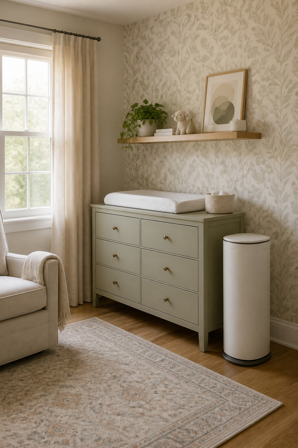 Changing Table Organizer Ideas for Any Nursery Space (2026) 6 A diaper pail placed beside a changing table for convenience.